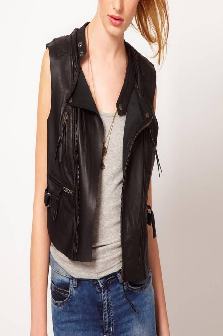 Women black 100% lambskin leather jacket biker motorcycle napa sleeveless leather jacket-lc-118