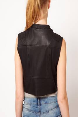 women's black premium napa leather biker jacket sleeveless silhouette 2