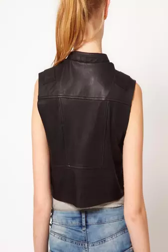 women's black premium napa leather biker jacket sleeveless silhouette