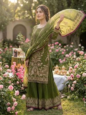 Mehendi faux georgette readymade suit with embroidery & moti work 3