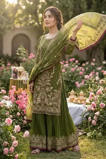Mehendi faux georgette readymade suit with embroidered moti 