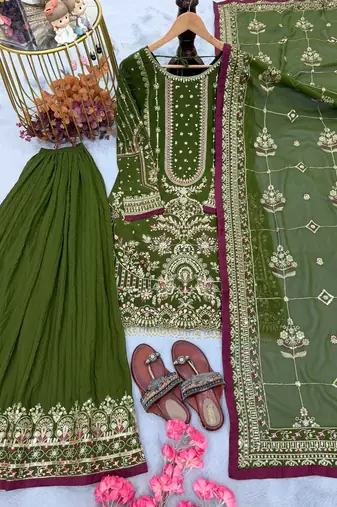 Mehendi faux georgette readymade suit with embroidered moti 