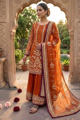 Orange faux georgette readymade suit with embroidery & moti work