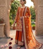 Orange faux georgette readymade suit with embroidery & moti work