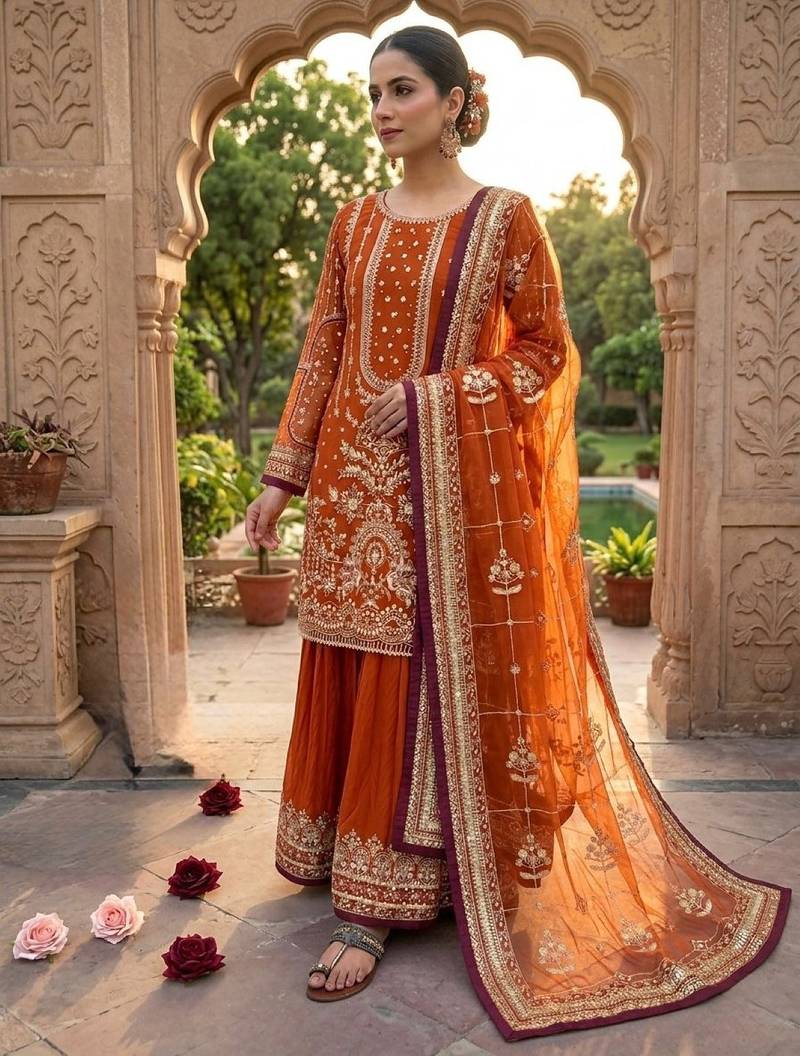 Orange faux georgette readymade suit with embroidery & moti work