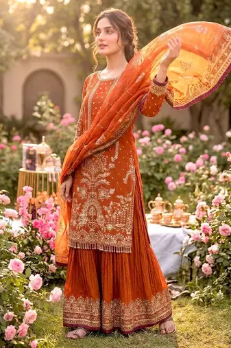 Orange faux georgette readymade suit with embroidered moti 