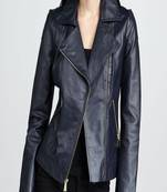 women's navy blue napa leather biker jacket classic moto zip