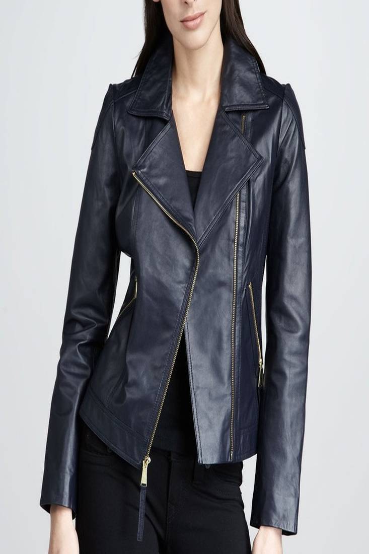 Women navy blue 100% lambskin leather jacket biker motorcycle napa leather jacket-lc-122