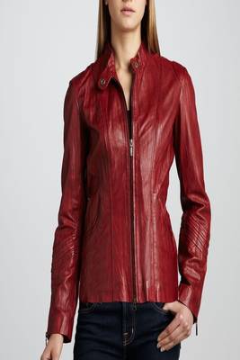 women's red napa leather biker jacket classic moto zip style 1