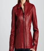 women's red napa leather biker jacket classic moto zip style