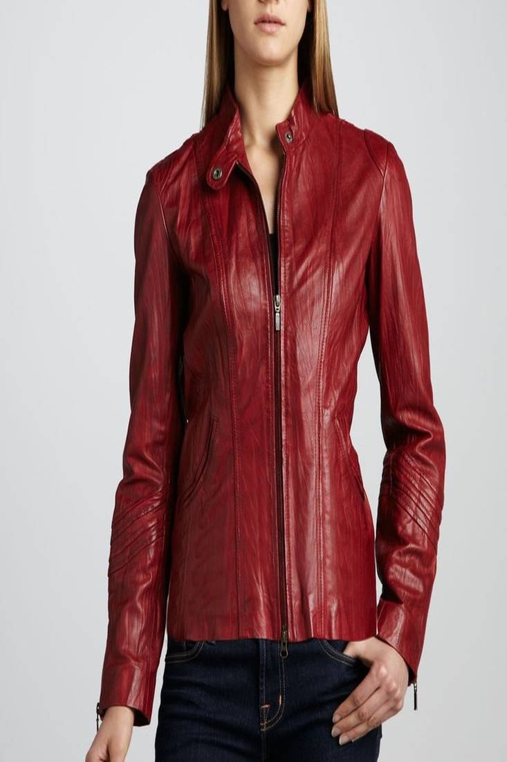 Women red 100% lambskin leather jacket biker motorcycle napa leather jacket-lc-124