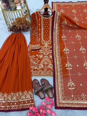 Orange faux georgette readymade suit with embroidery & moti work 3