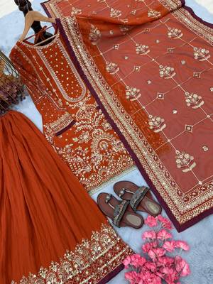 Orange faux georgette readymade suit with embroidery & moti work 4