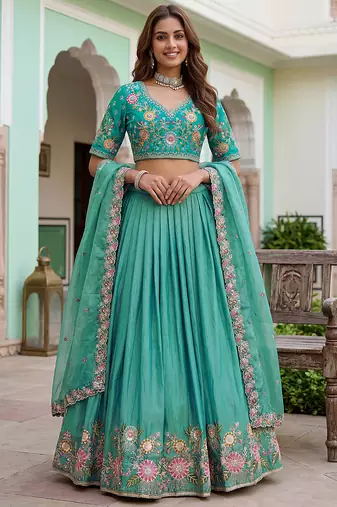 Wonderful Sea Green Floral Embroidery Organza Lehenga Choli With Dupatta