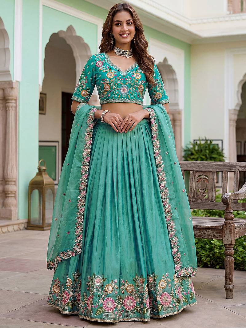 Wonderful Sea Green Floral Embroidery Organza Lehenga Choli With Dupatta