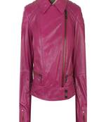 women's pink napa leather biker jacket classic moto zip style