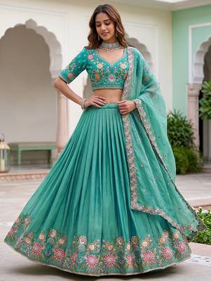 Wonderful Sea Green Floral Embroidery Organza Lehenga Choli With Dupatta 2