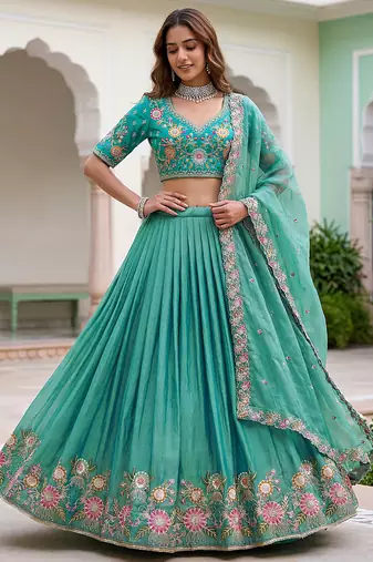 Wonderful Sea Green Floral Embroidery Organza Lehenga Choli With Dupatta