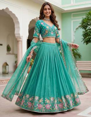 Wonderful Sea Green Floral Embroidery Organza Lehenga Choli With Dupatta 3