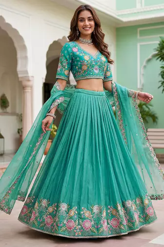Wonderful Sea Green Floral Embroidery Organza Lehenga Choli With Dupatta