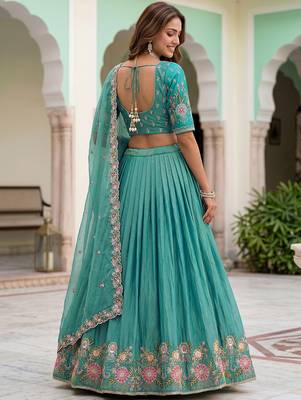 Wonderful Sea Green Floral Embroidery Organza Lehenga Choli With Dupatta 4