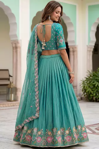 Wonderful Sea Green Floral Embroidery Organza Lehenga Choli With Dupatta
