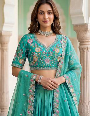 Wonderful Sea Green Floral Embroidery Organza Lehenga Choli With Dupatta 5
