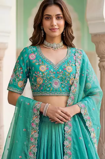Wonderful Sea Green Floral Embroidery Organza Lehenga Choli With Dupatta