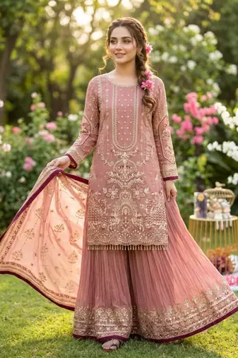 Pink faux georgette readymade suit with embroidery & moti work