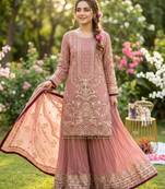 Pink faux georgette readymade suit with embroidery & moti work