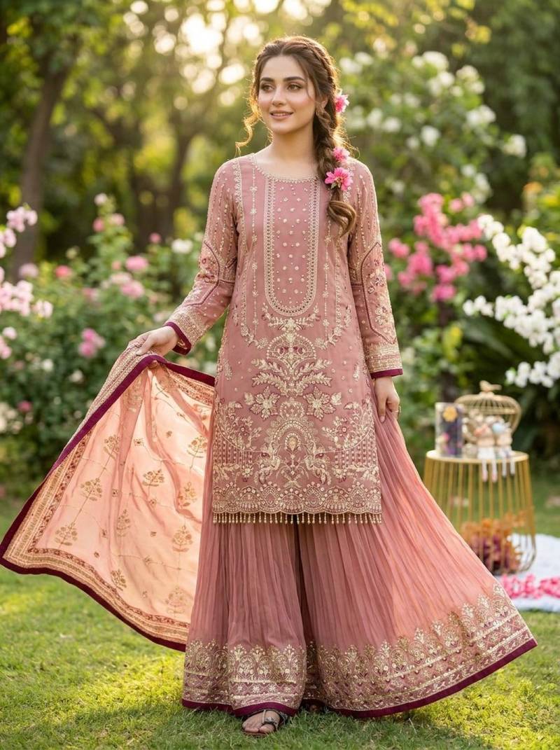 Pink faux georgette readymade suit with embroidery & moti work