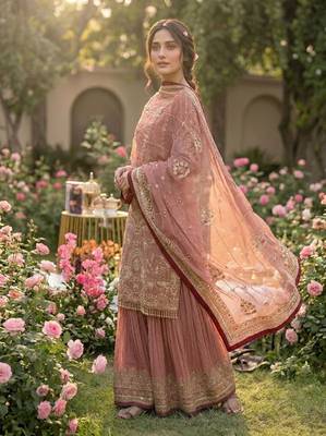 Pink faux georgette readymade suit with embroidery & moti work 2