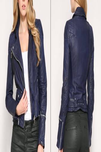 Women navy blue  100% lambskin leather jacket biker motorcycle napa leather coat lc-132