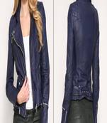 women's navy blue napa leather biker jacket classic moto zip premium