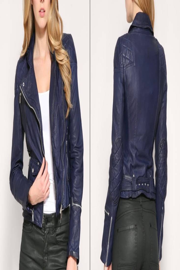 Women navy blue  100% lambskin leather jacket biker motorcycle napa leather coat lc-132