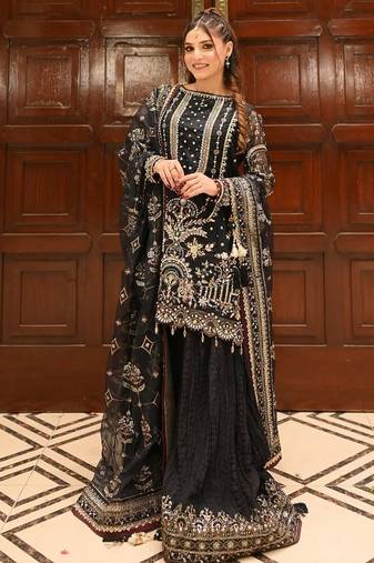 Black faux georgette readymade suit with embroidery & moti work