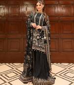 Black faux georgette readymade suit with embroidery & moti work
