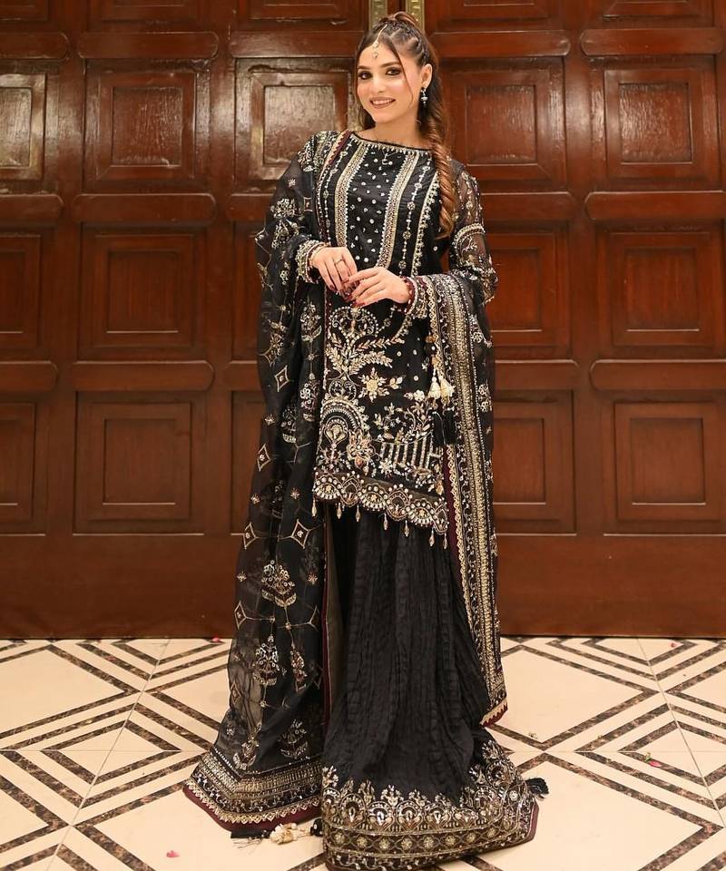 Black faux georgette readymade suit with embroidery & moti work