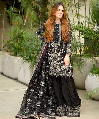 Black faux georgette readymade suit with embroidery & moti work 2