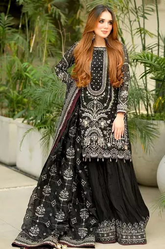 Black faux georgette readymade suit with embroidered moti 