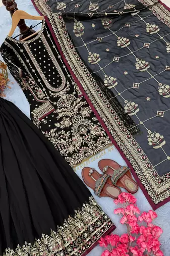 Black faux georgette readymade suit with embroidered moti 