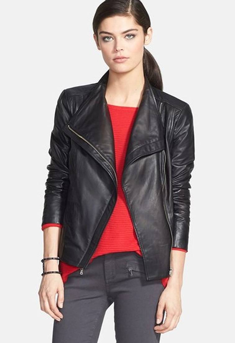 Women black 100% lambskin leather jacket biker motorcycle napa leather coatlc-137