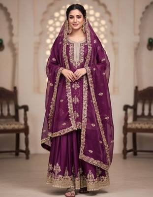 Purple silk readymade suit with embroidered diamond  1