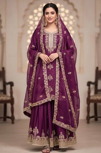 Purple silk readymade suit with embroidery & diamond work