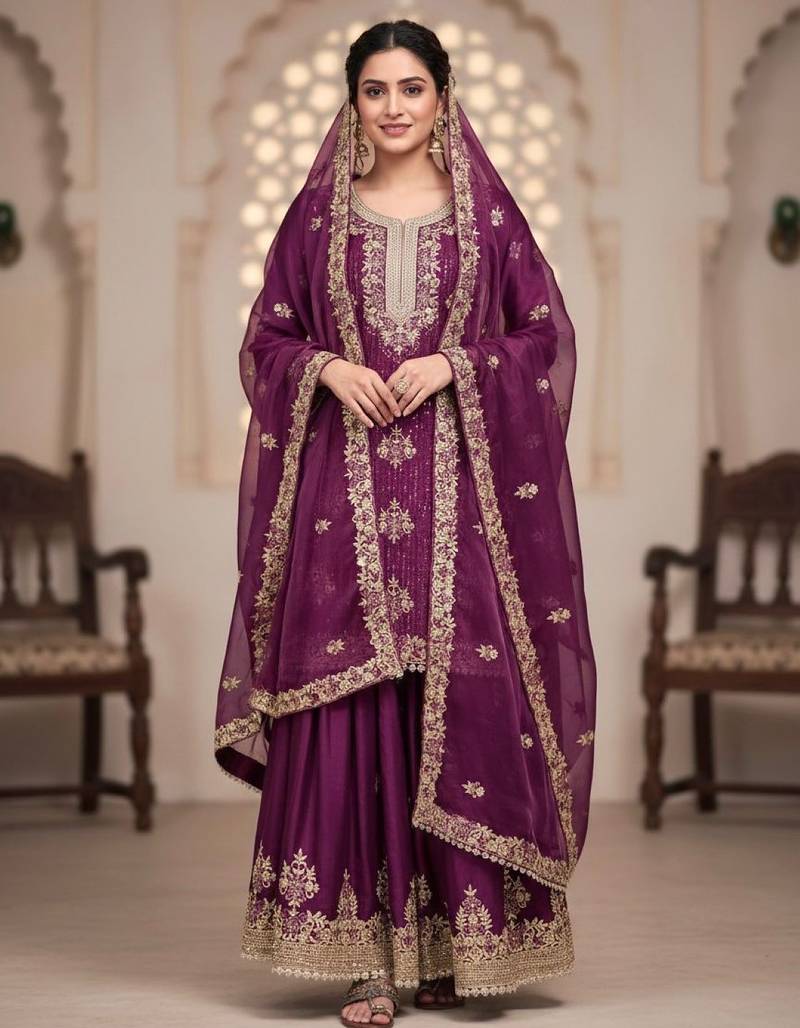 Purple silk readymade suit with embroidery & diamond work