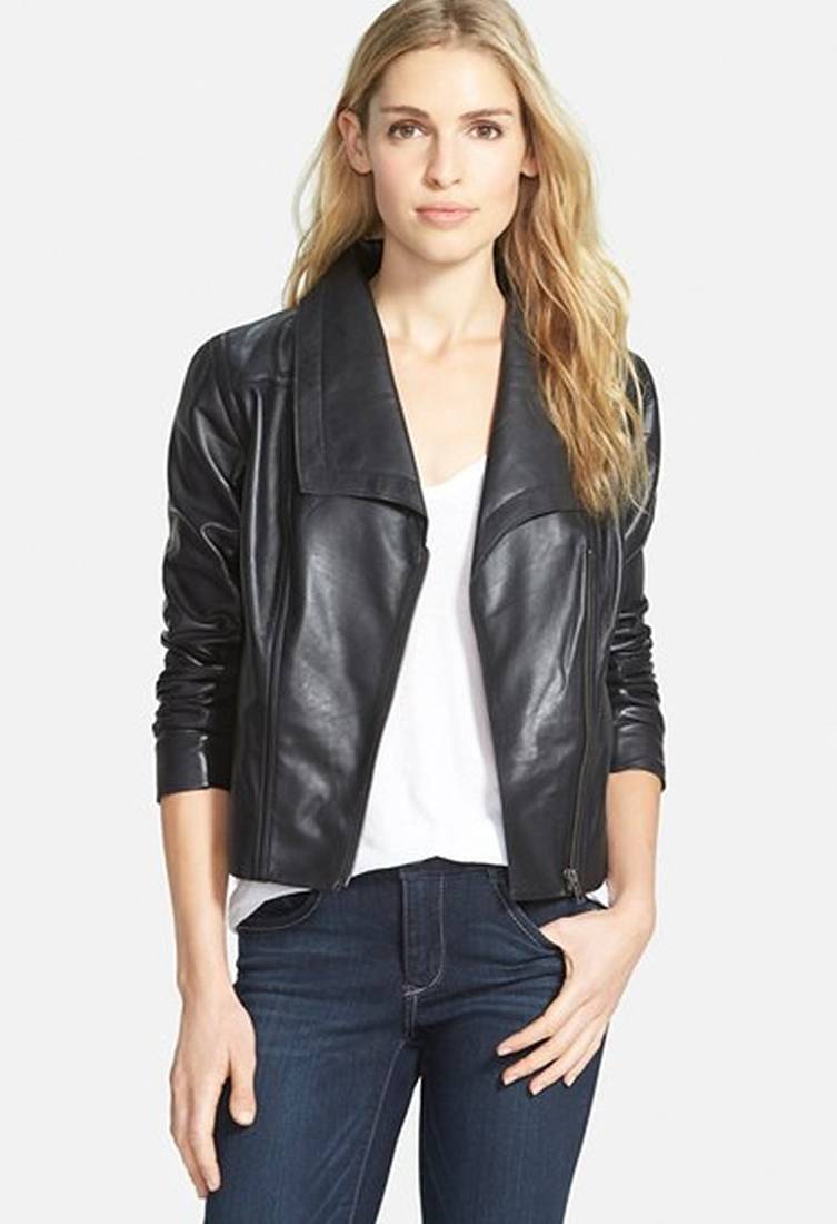 Women black 100% lambskin leather jacket biker motorcycle napa leather coatlc-140