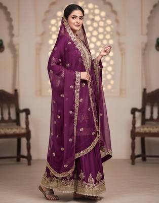 Purple silk readymade suit with embroidered diamond  2