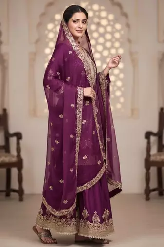 Purple silk readymade suit with embroidered diamond 