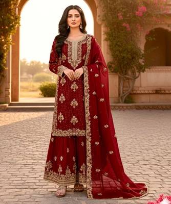 Maroon silk readymade suit with embroidered diamond  1