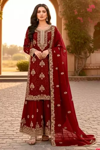 Maroon silk readymade suit with embroidery & diamond work